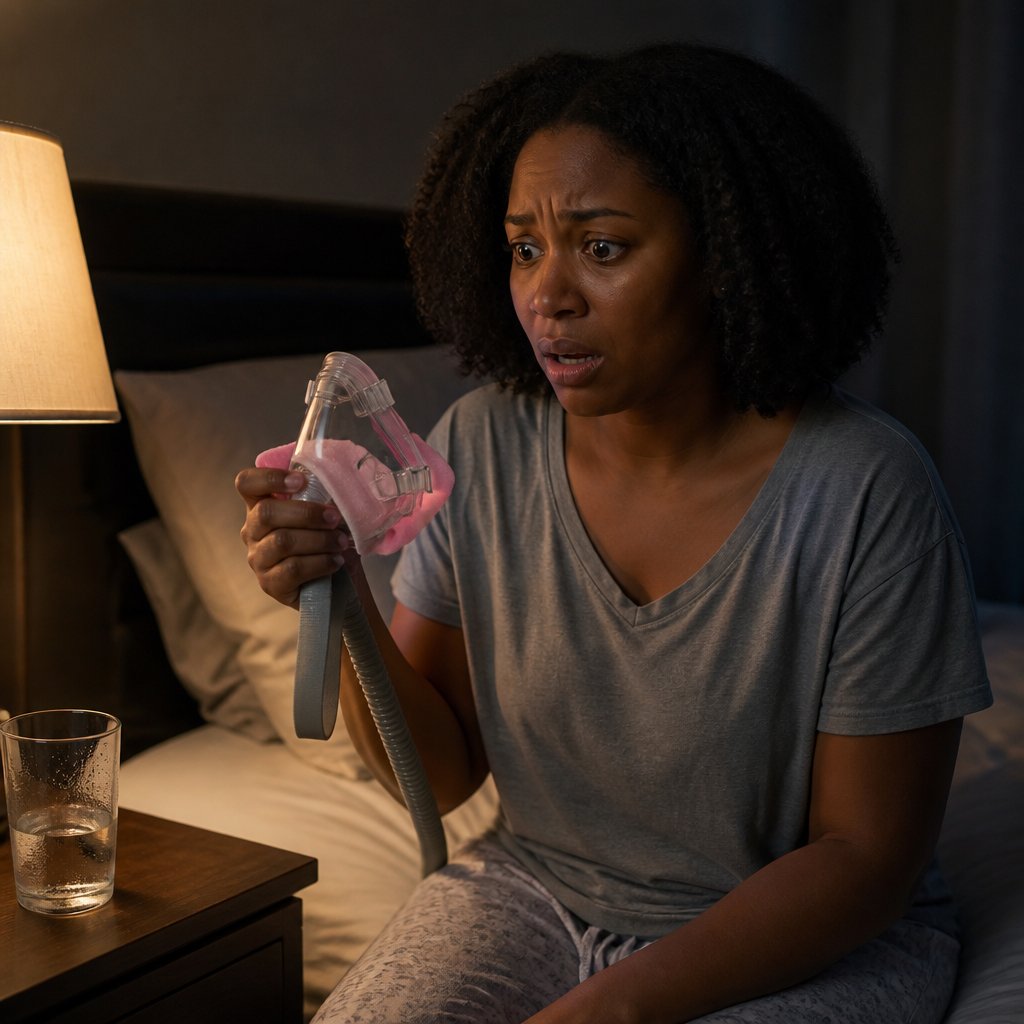 Woman sitting on bed holding a CPAP mask with pink foam, looking panicked in a dim bedroom.