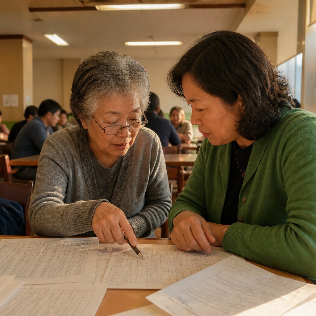 Two women comparing badge swipe logs and notes at a cafeteria table under fluorescent lighting.