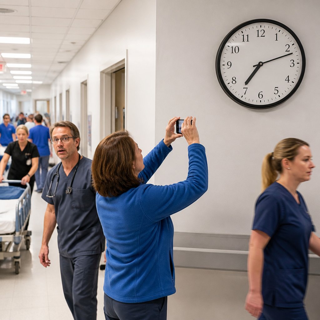 Woman photographing hospital ER wall clock amid busy staff.
