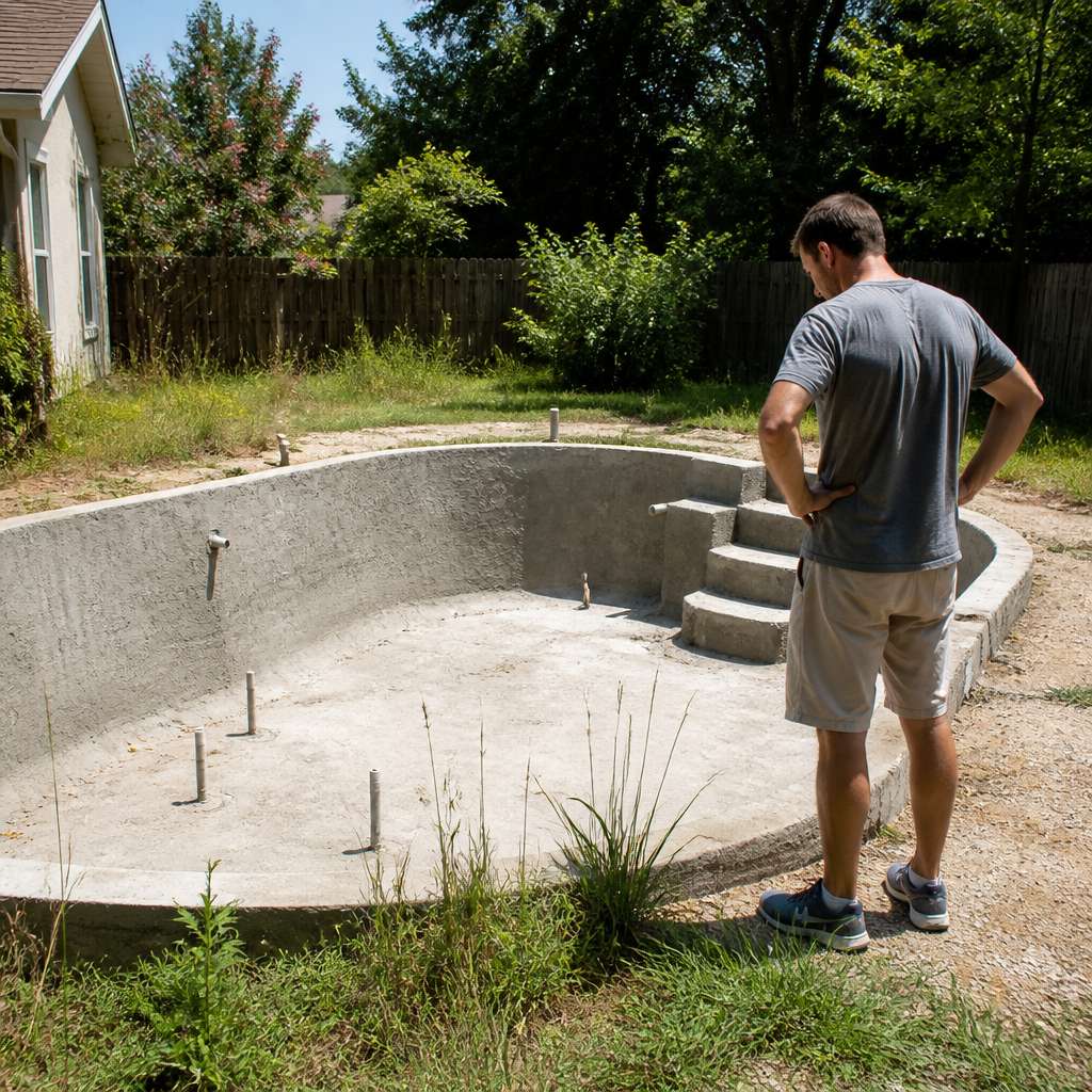 Man looking frustratedly at unfinished concrete pool shell with no workers in sight