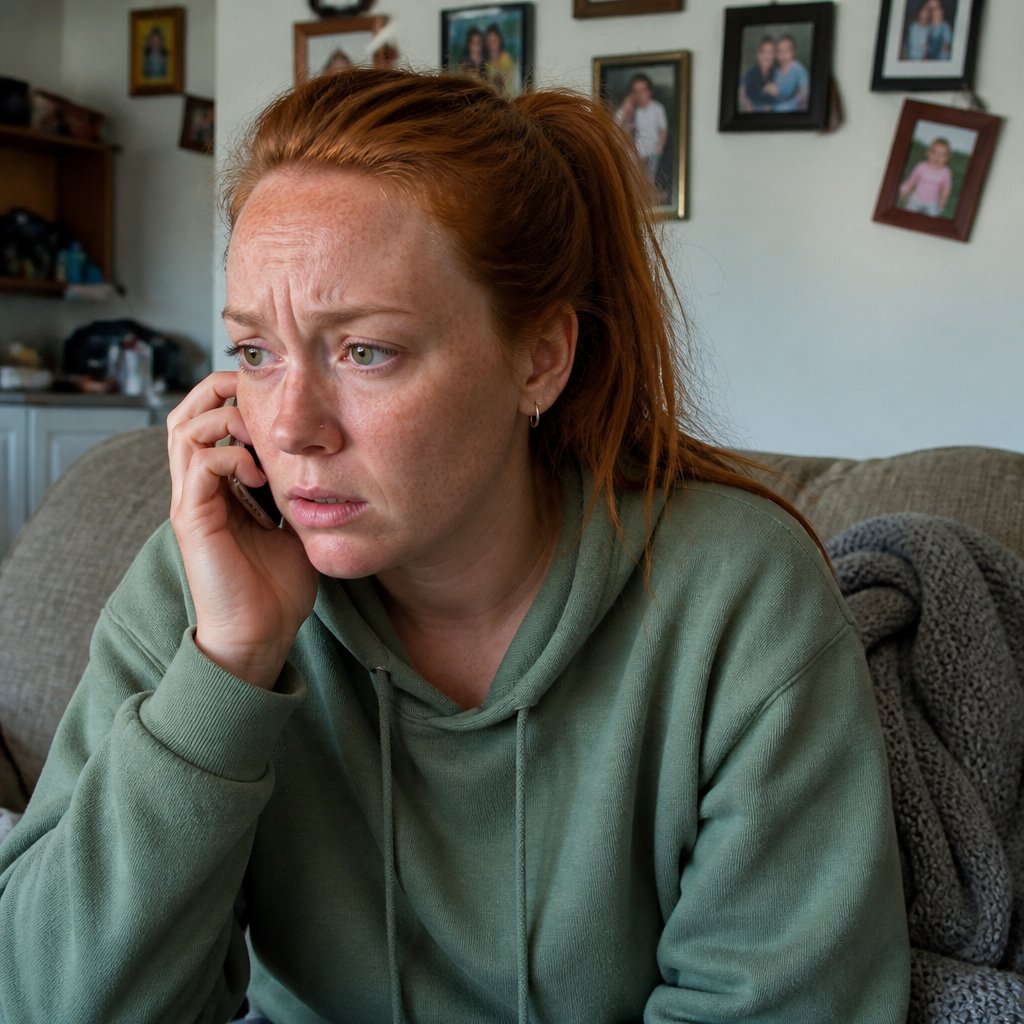 Young woman on phone looking tense and worried in a living room.