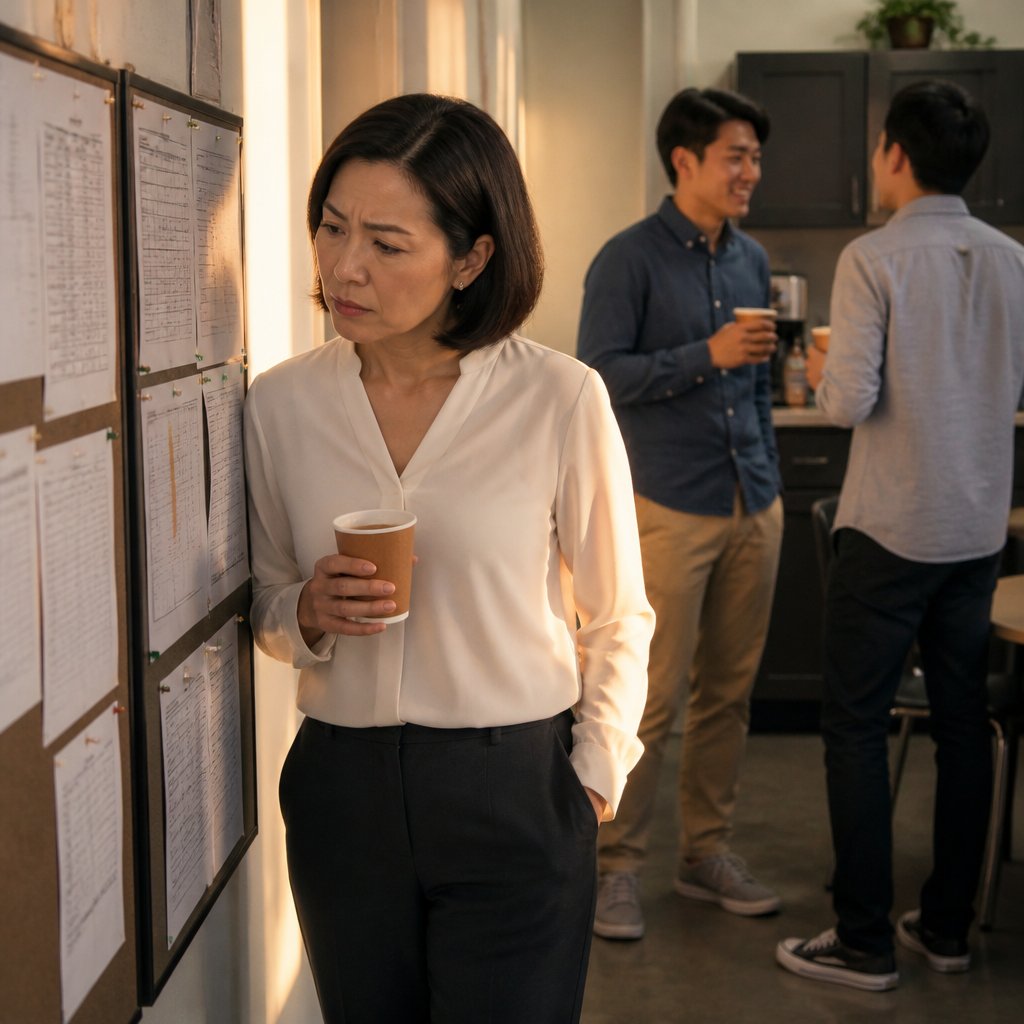 Maya examining the posted schedules while two employees chat behind her near the break room.