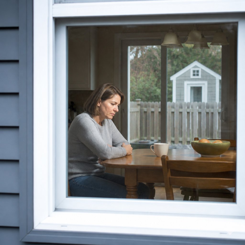 Woman sitting at kitchen table looking troubled, backyard fence and locked pump house visible through window.