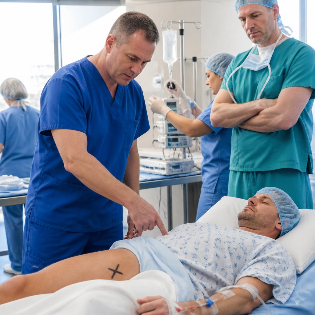 Nurse points out incorrect knee marking to surgeon who dismisses the concern pre-op.