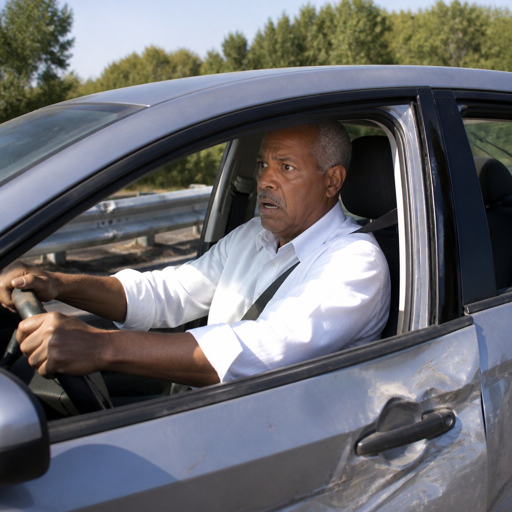 Man in driver’s seat gripping wheel, staring ahead after crash with guardrail scrape visible.