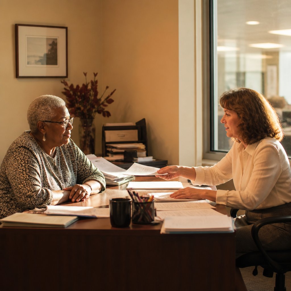 HR manager slides printed document with e-signature across the office desk to the protagonist.