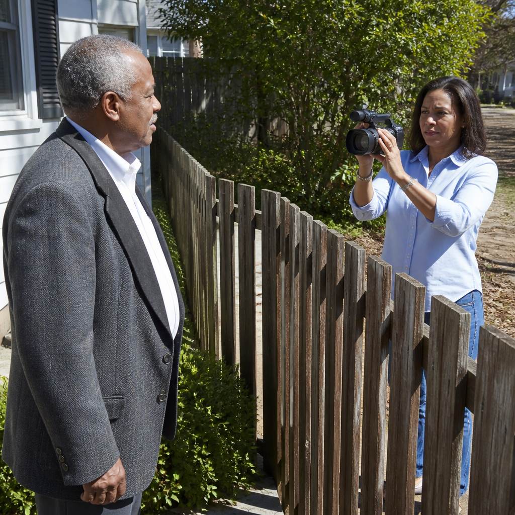 Man confronted by neighbor filming him from patio, tense expressions