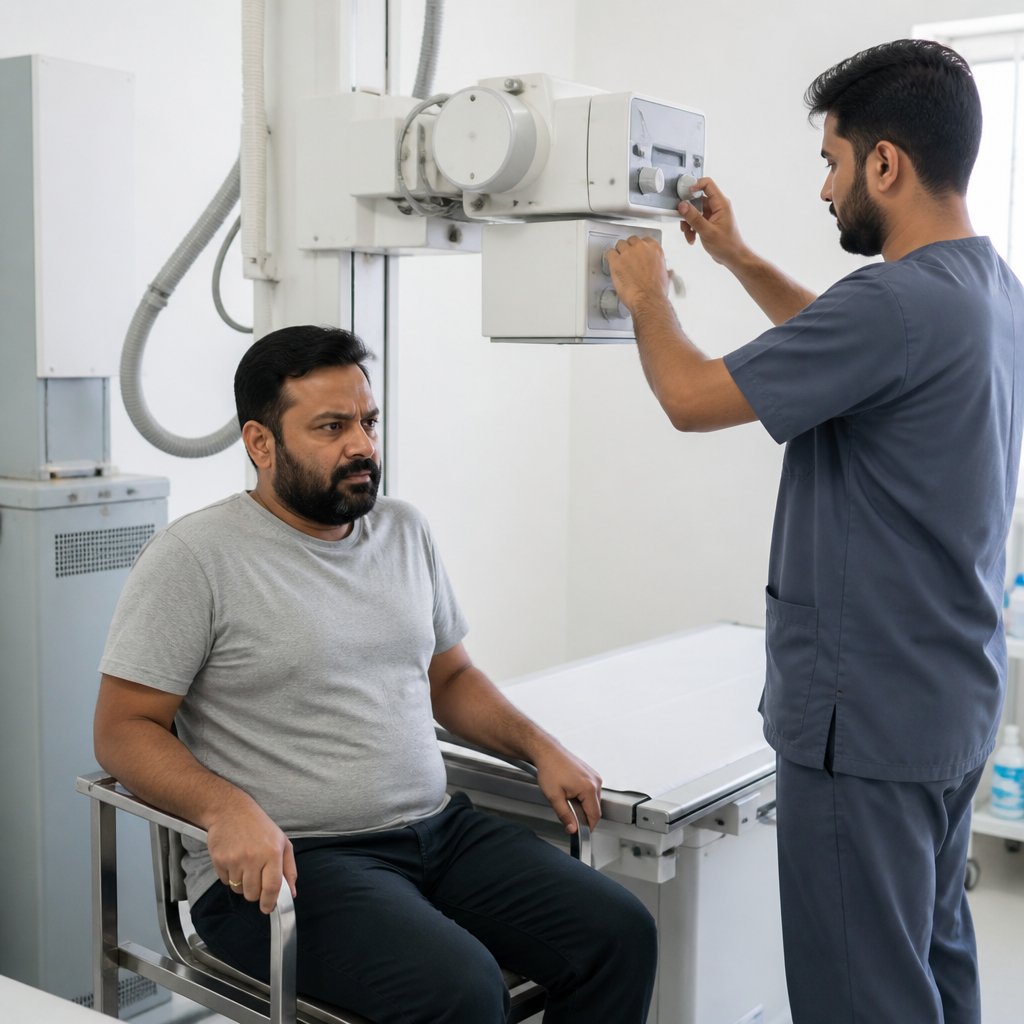 Patient sitting in radiology room preparing for X-ray.
