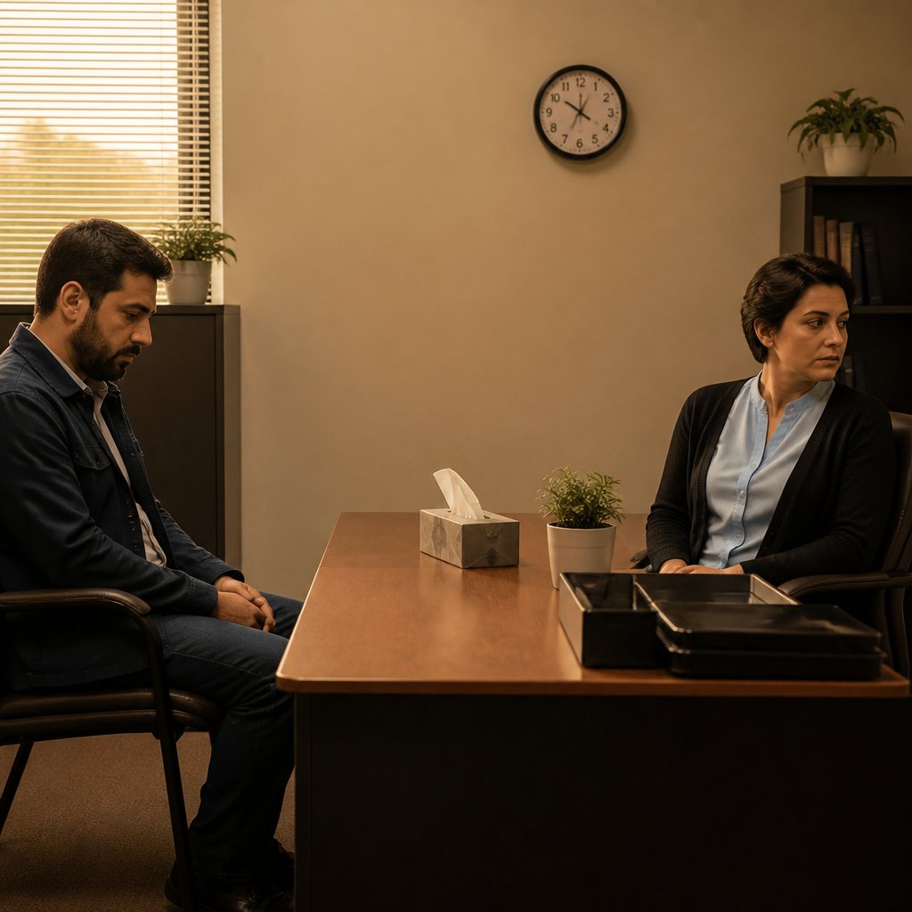 Man and HR woman sitting across desk in office, tense and unsympathetic.