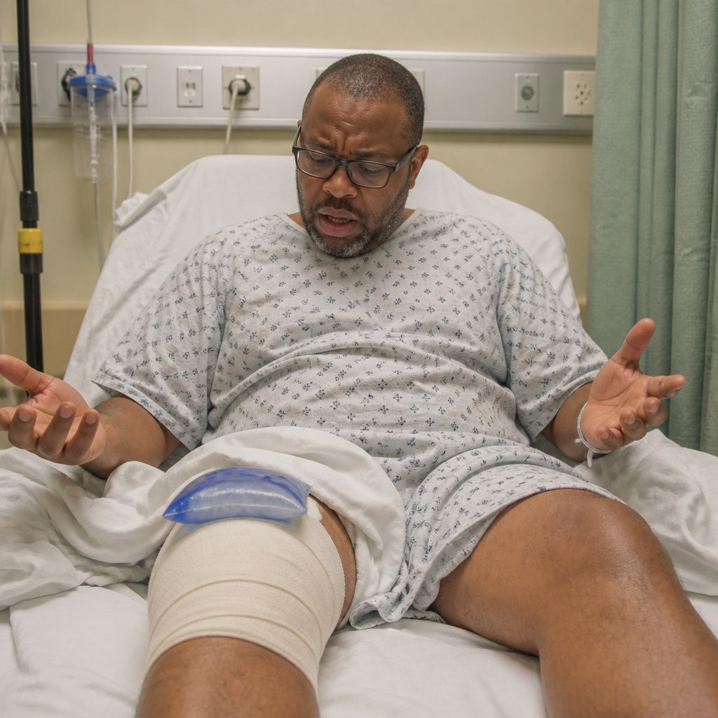 Man in hospital bed staring in horror at bandage on the wrong knee