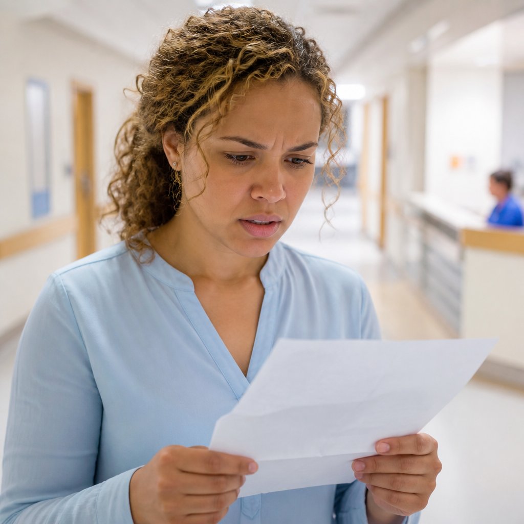 Woman examining printed medical summary with concern in hospital corridor.