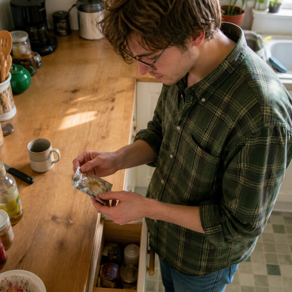 Man inspecting smudged, possibly re-labeled spice packet in kitchen