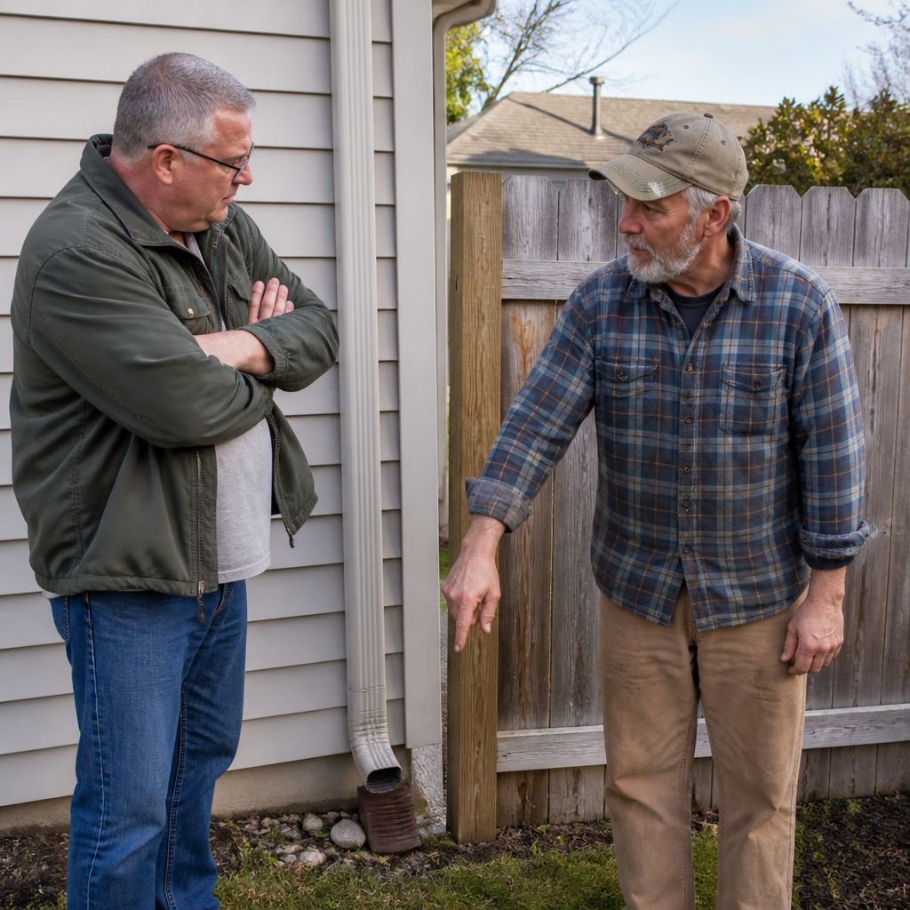 Two men discussing water drainage near fence and downspout in backyard.