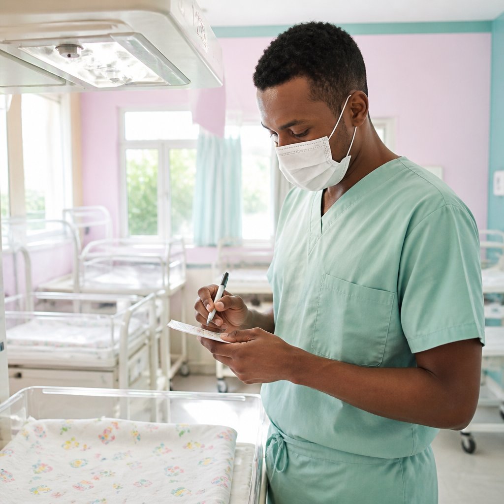 Nurse labeling a newborn metabolic screen card at the hospital warmer station.