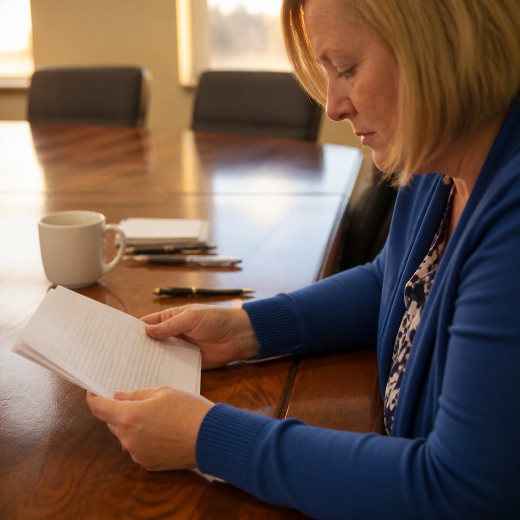 Hands holding clinician letter on conference table with pens and coffee cup.