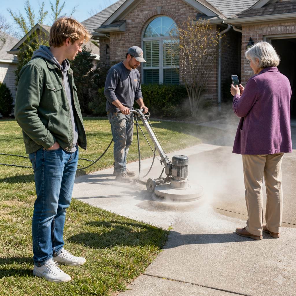 Man watching concrete grinding as woman photographs work on suburban sidewalk.