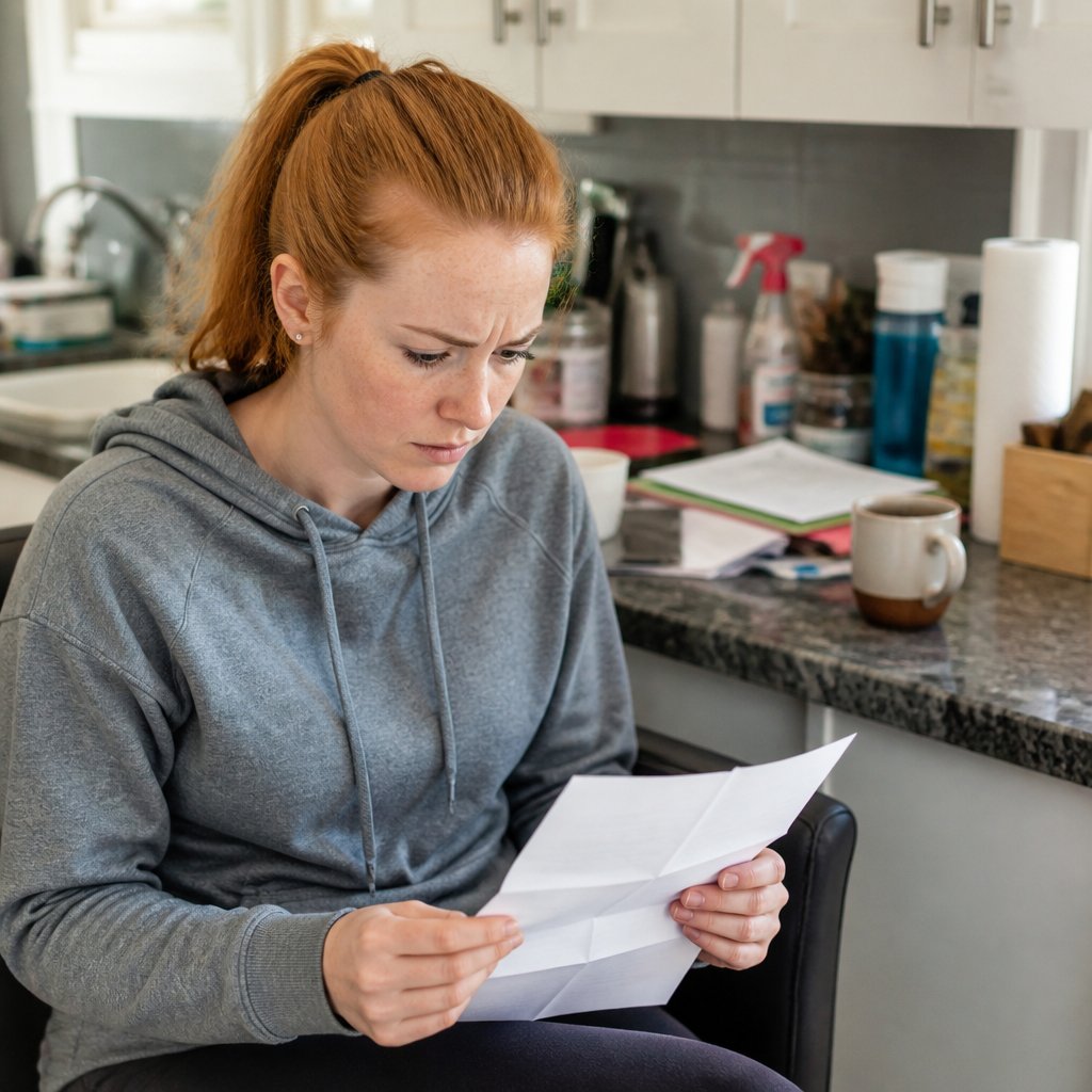 Woman reading a clinical termination letter with concern at kitchen counter.