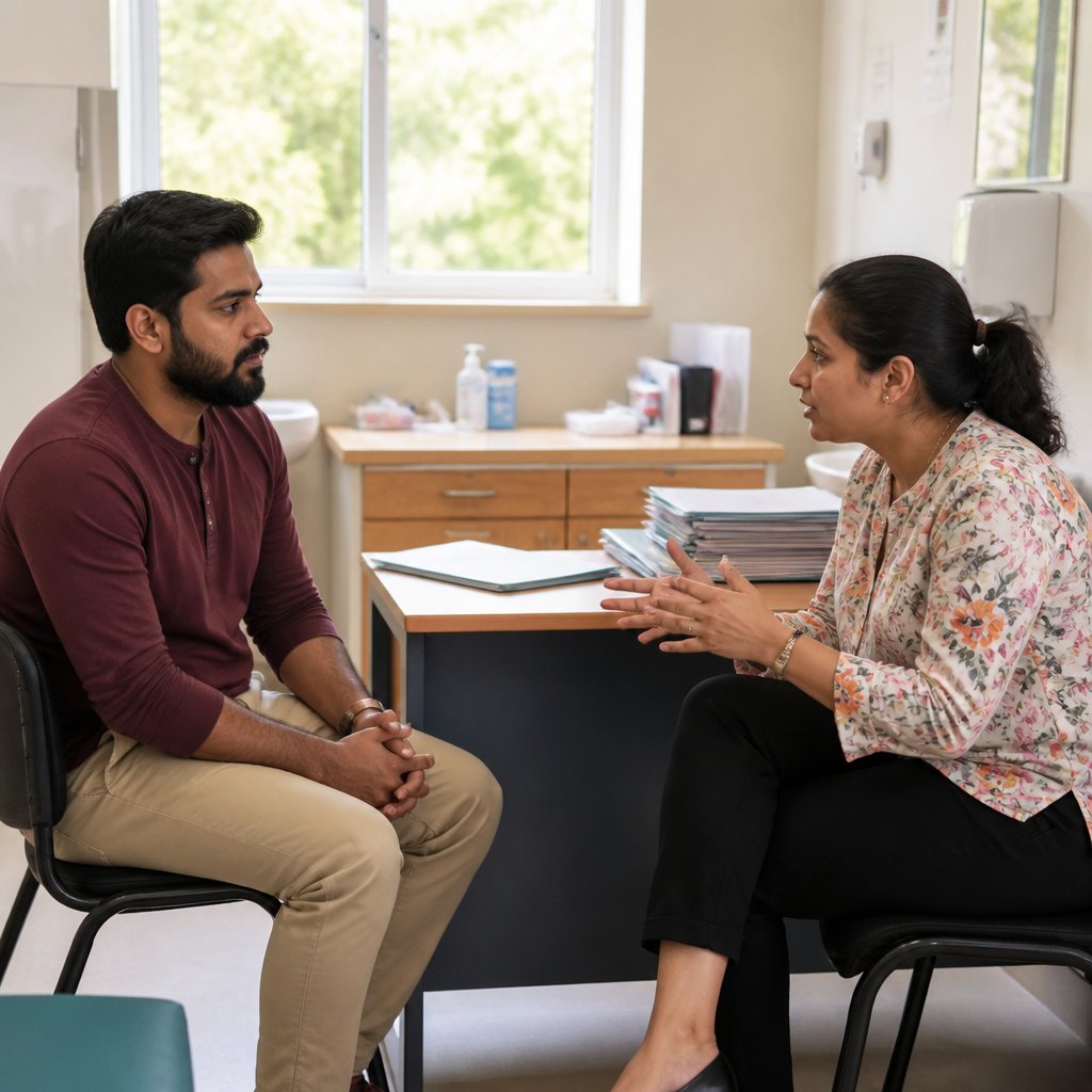 Man listening intently to a genetic counselor in a cramped office.