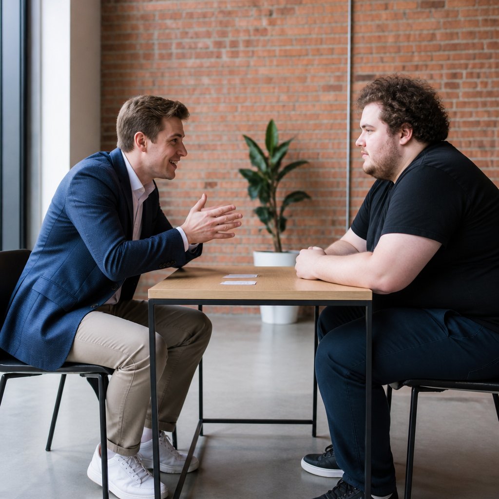 Young lawyer in co-working space pitching enthusiastically to his potential client