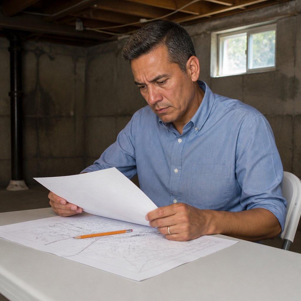 Man studies property survey in dim basement, focused on ambiguous boundary lines.