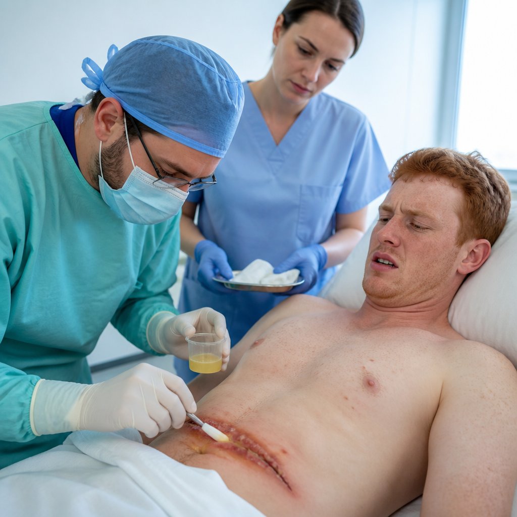 Young red-haired white man lying on hospital bed while surgeon drains pus; nurse prepares wound care.