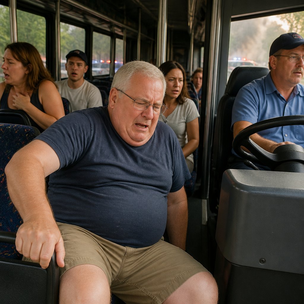 Man slumped, wincing on bus after crash; ash and emergency lights visible outside window.