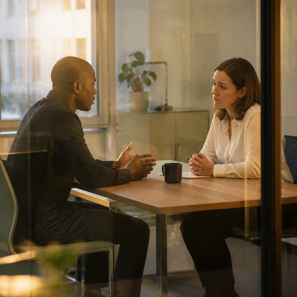 Man talking seriously to female manager in glass office.