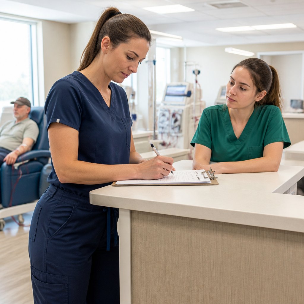 Nurse reviewing dialysis charts while another nurse observes in a busy dialysis unit