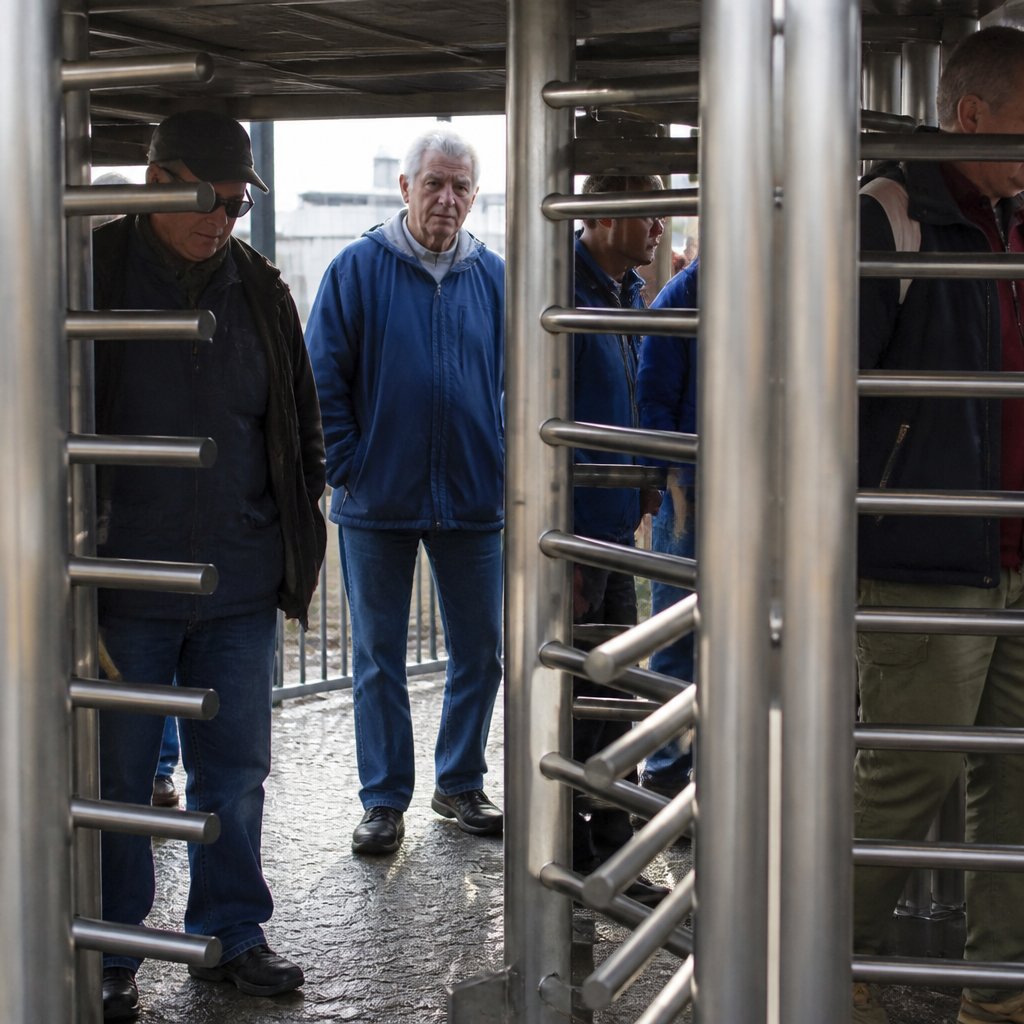 Close-up of turnstile gates clicking open and closed with worried older man watching.