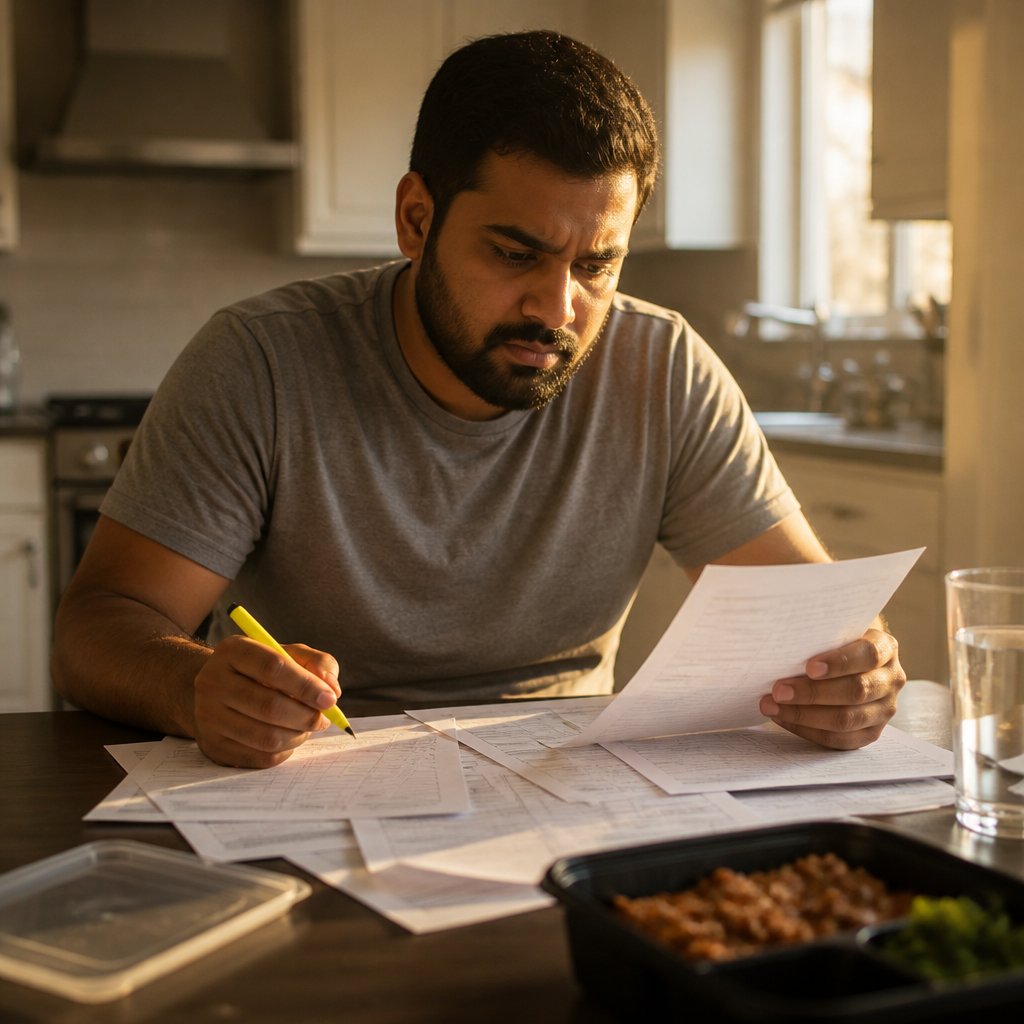 Man reviewing piles of timecards and paystubs at home, looking worried.