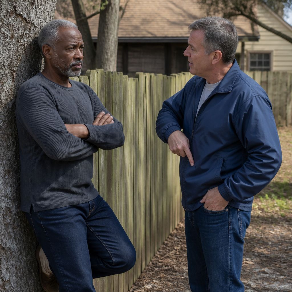 Two men near a fence, one leaning on a tree looking skeptical, the other gesturing while referencing a phone in pocket.
