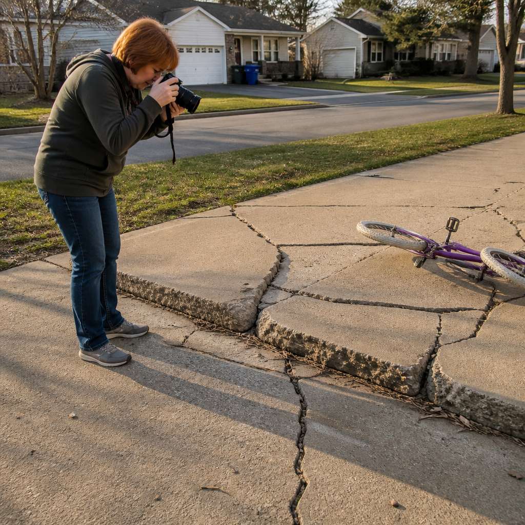 Woman photographing worsening driveway damage with a child's bicycle nearby