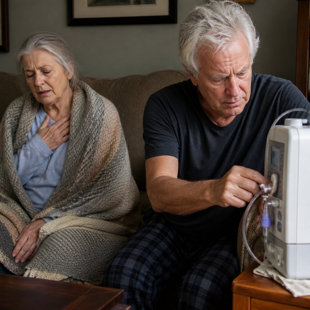An elderly man adjusting an infusion pump as his pale, uncomfortable wife sits on a couch.