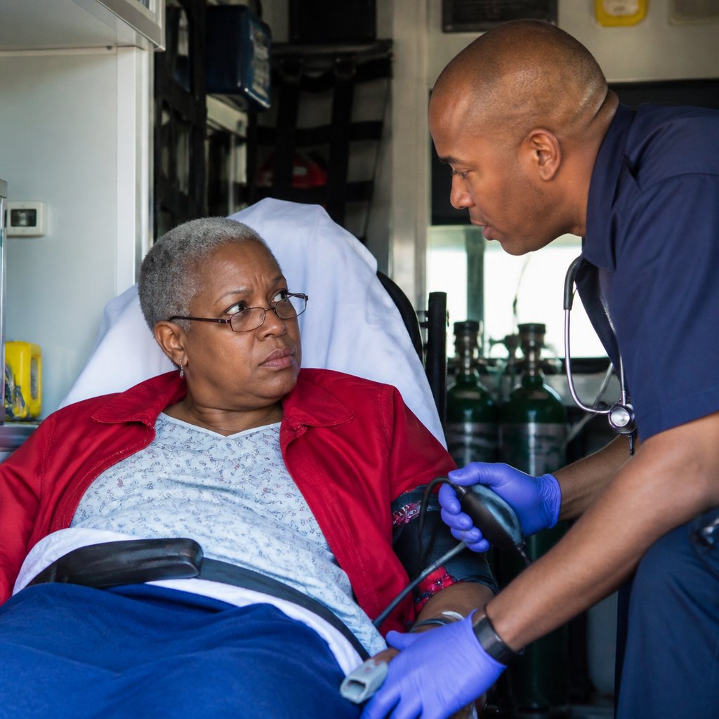 Woman on ambulance stretcher listening to paramedic speak quietly.