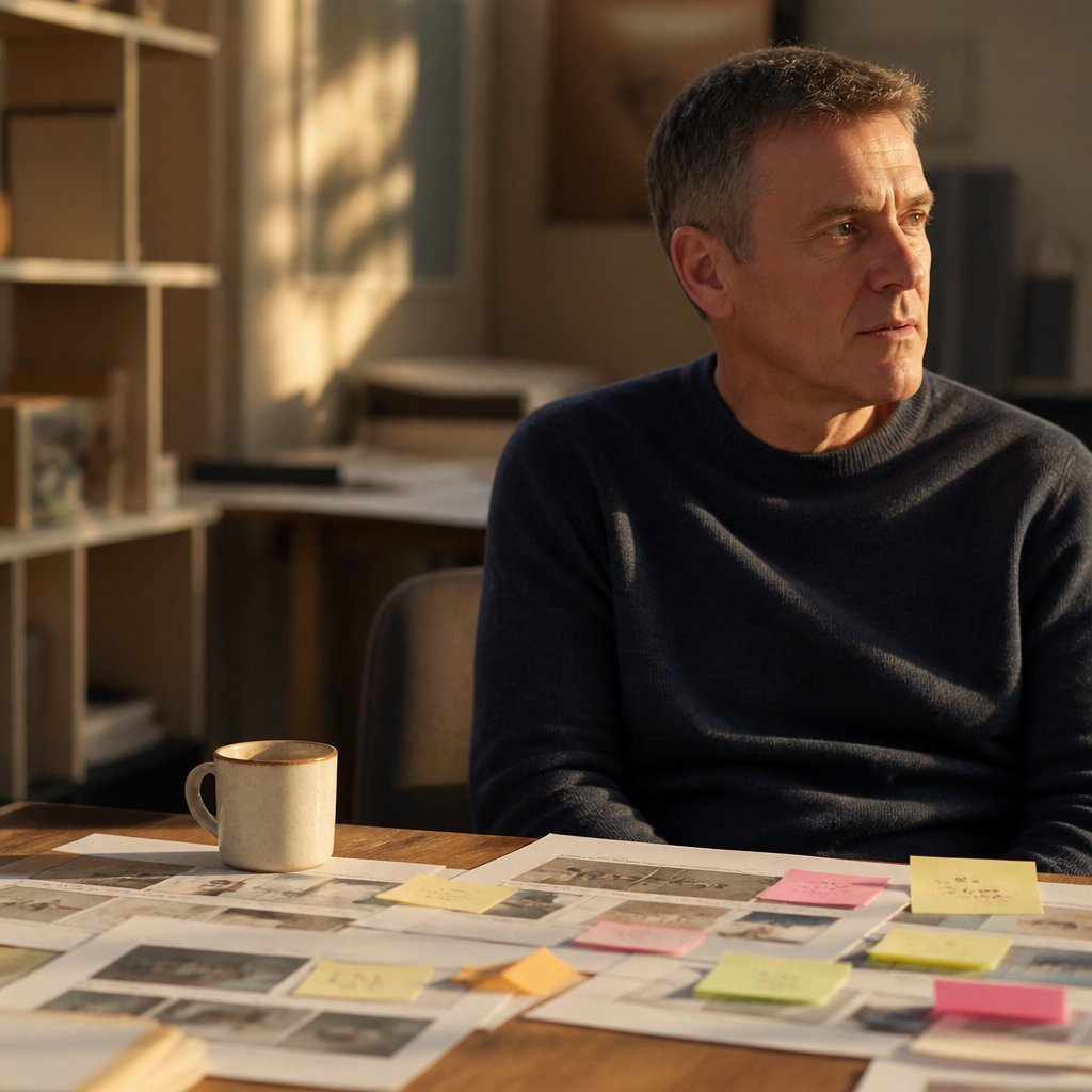 Man sitting at desk looking tense, surrounded by printed screenshots and notes.