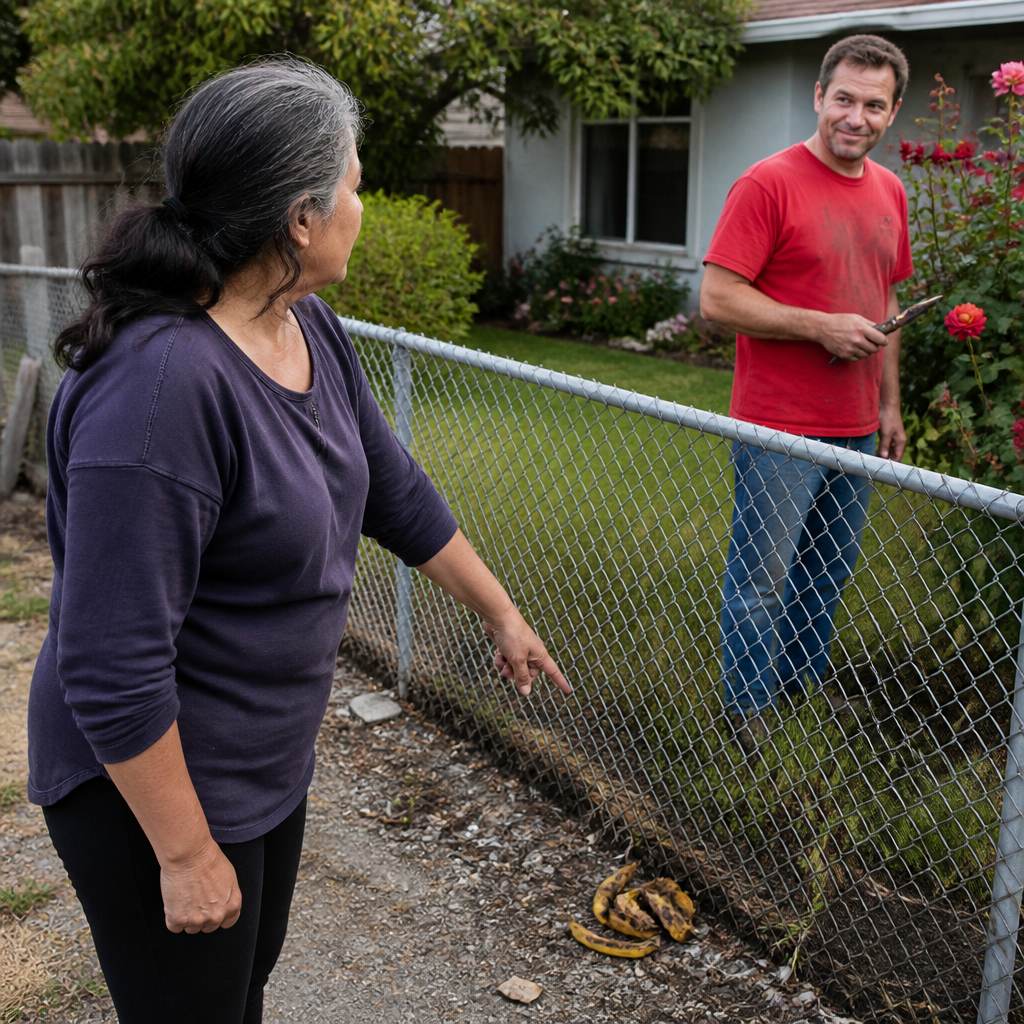 Woman confronting neighbor about compost spilled onto her property near the fence.