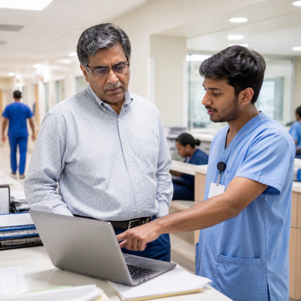 Man and intern reviewing an electronic health record allergy entry at a hospital nurses' station.