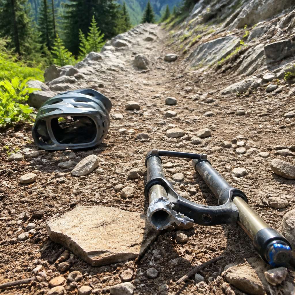 Smashed bike fork broken at the crown lying on a rocky forest trail.