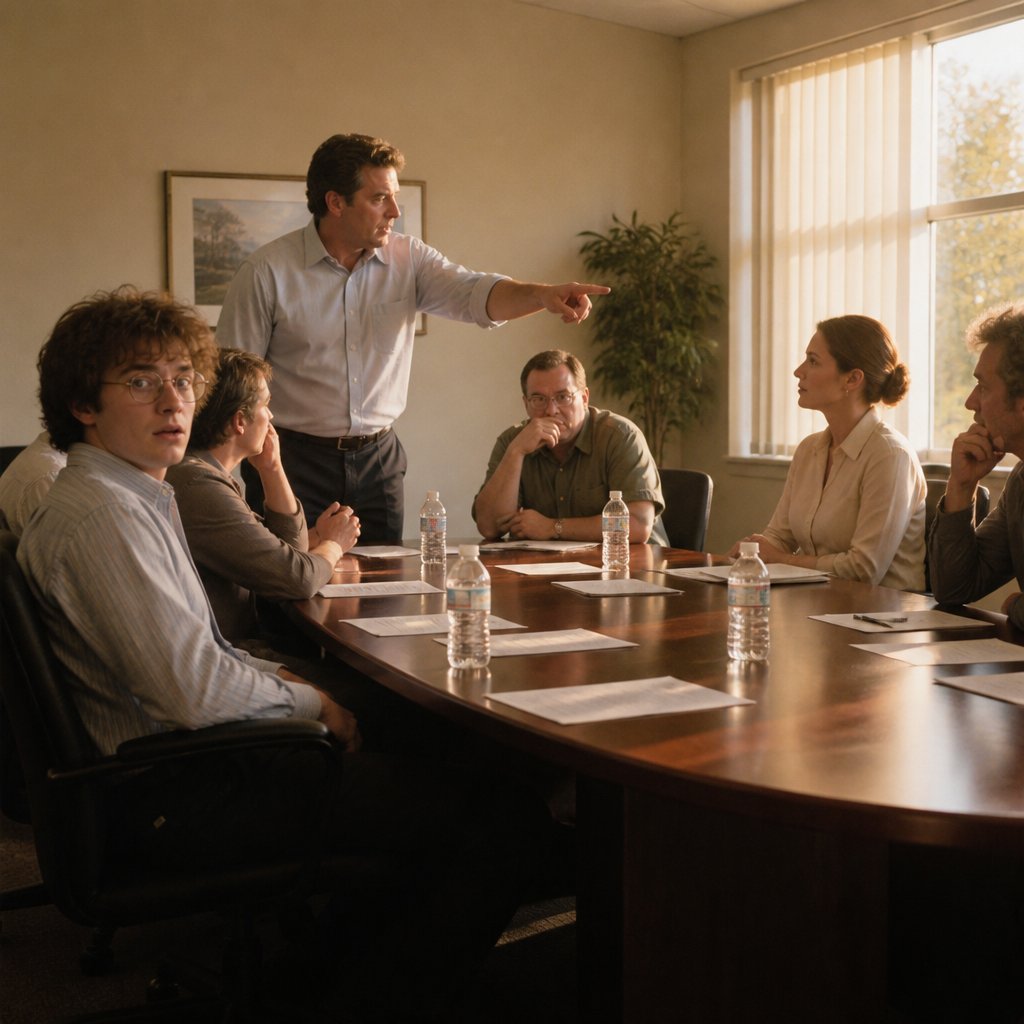 Conference room meeting where manager reassigns account from shocked young man to confident woman.