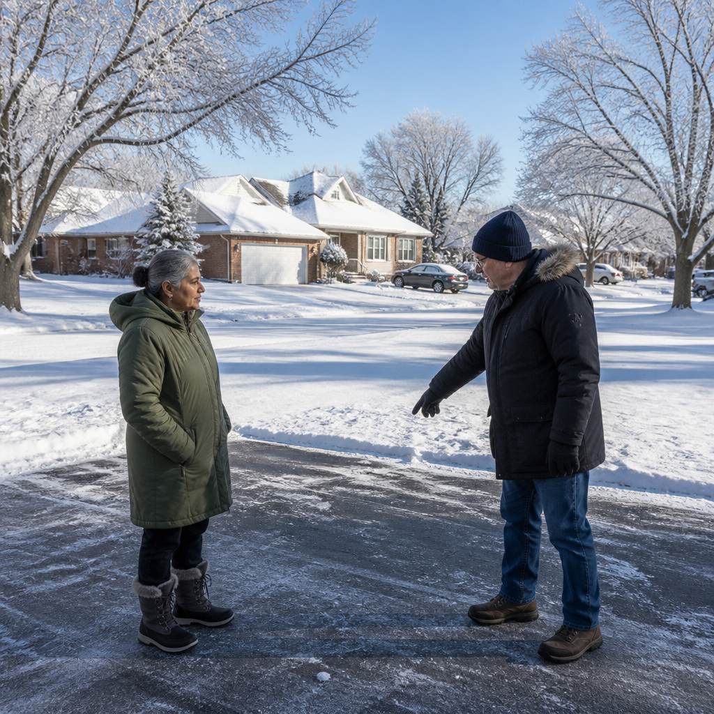 Neighborly confrontation over snow boundary with both standing on snowy driveway edges