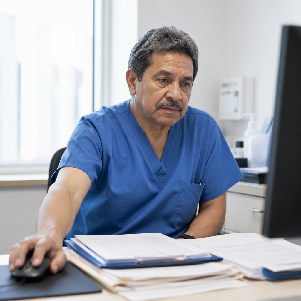 Clinician in scrubs clicking mouse in hospital room amid cluttered charts.