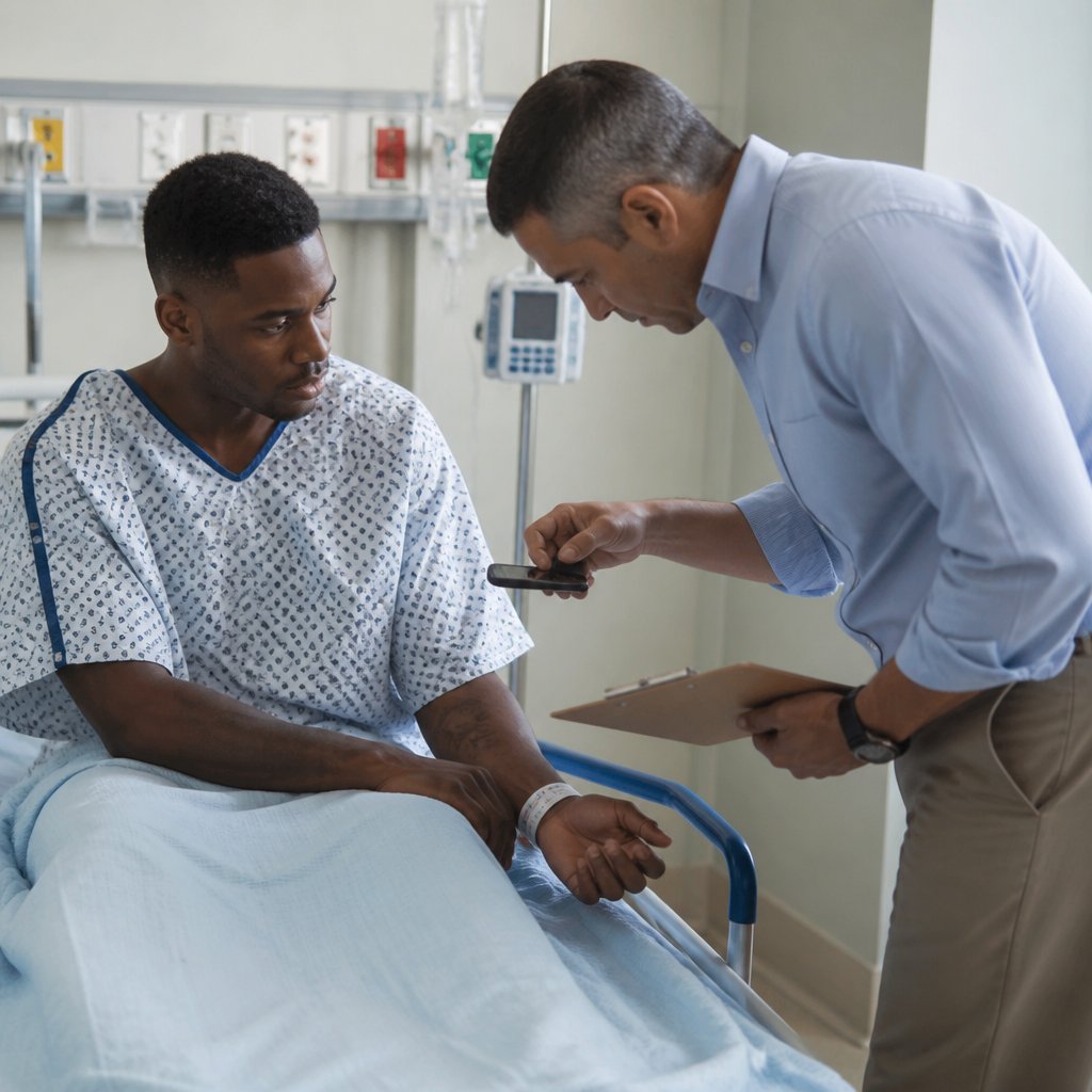 Injured man on hospital bed as park manager photographs wristband, hospital gear around.