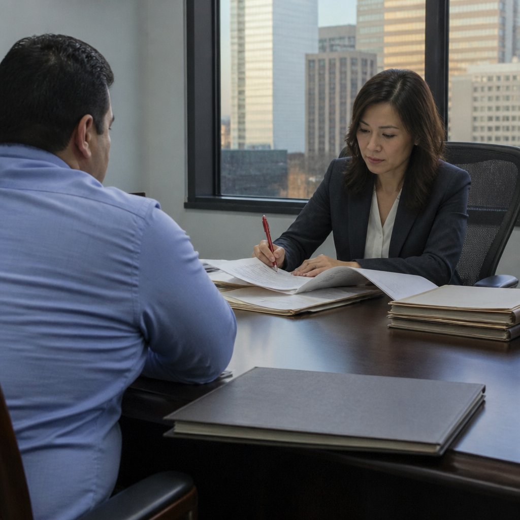 Defense attorney methodically reviewing case files with focused precision