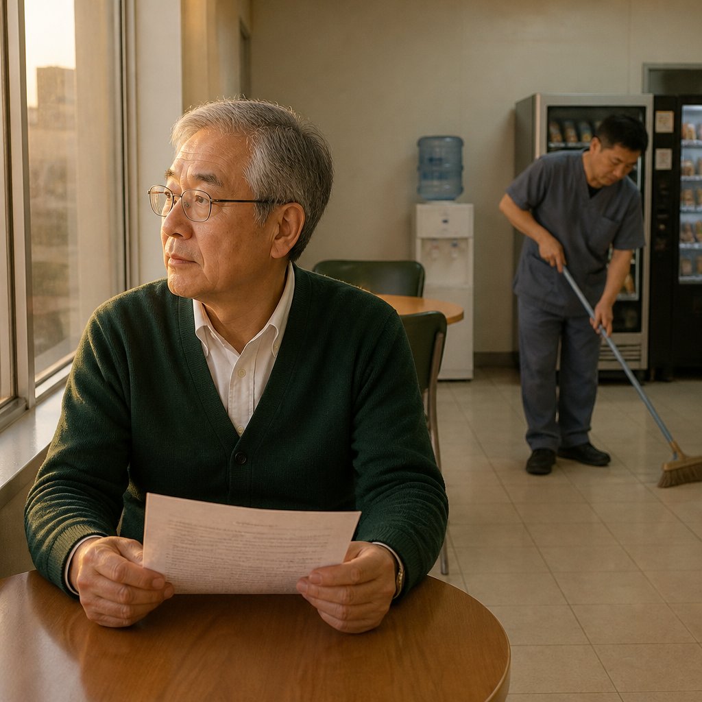 Older East Asian man reviews consent form alone in break room while janitor cleans nearby.