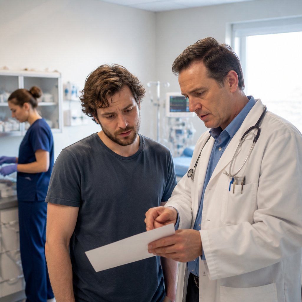 Man and doctor reviewing radiology report in emergency room as nurse prepares medication.
