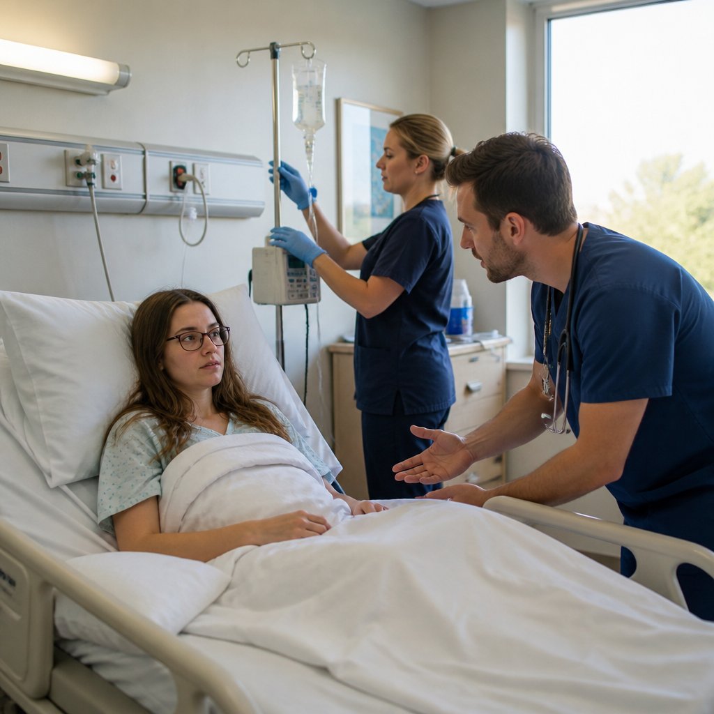 Young woman in hospital bed with doctor and nurse, looking confused and tired.