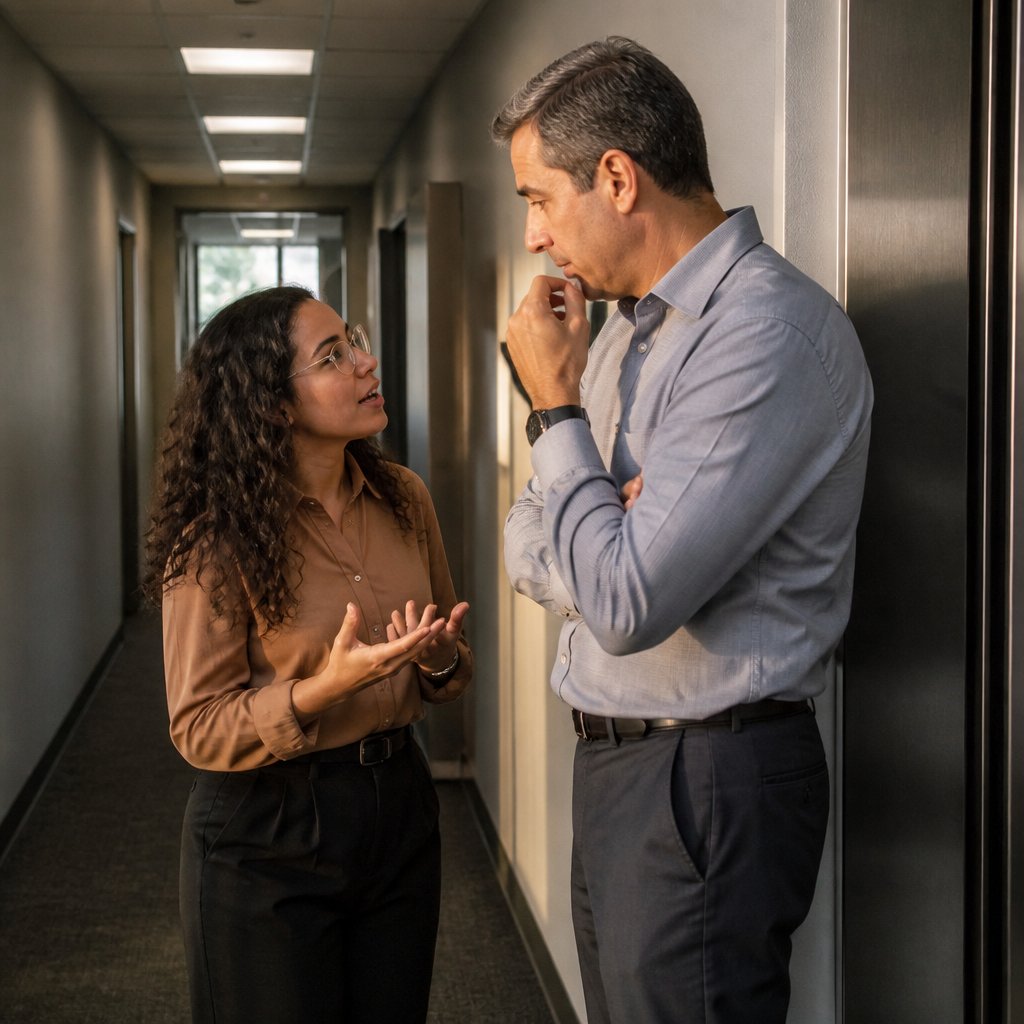 Concerned coworkers discussing MDM policy near office elevator.