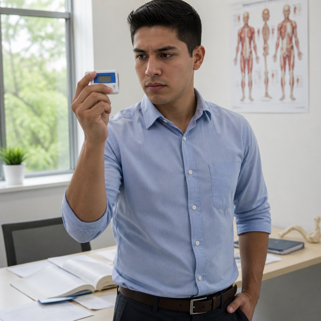 Young Latino man in button-down shirt examining data logger device in clinic office.