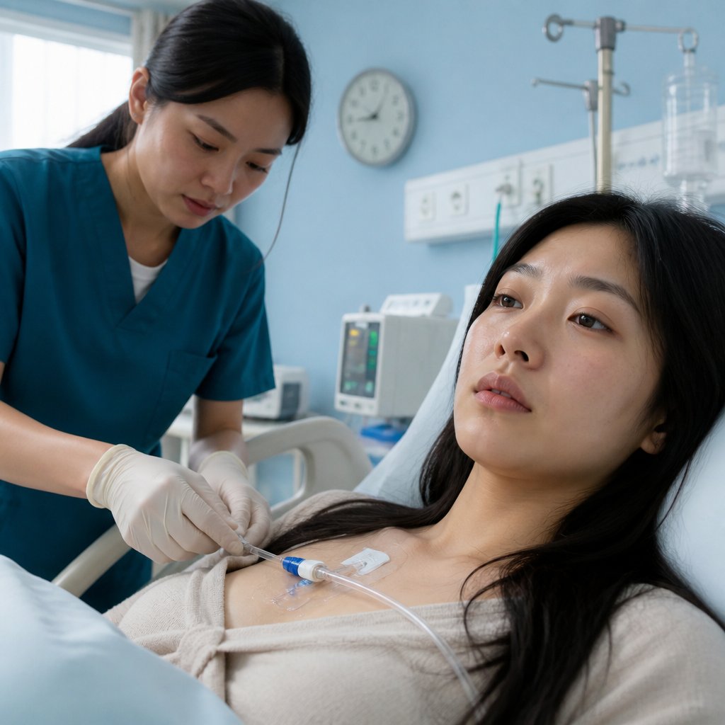 Weary East Asian woman with central line in hospital bed as nurse adjusts IV line.