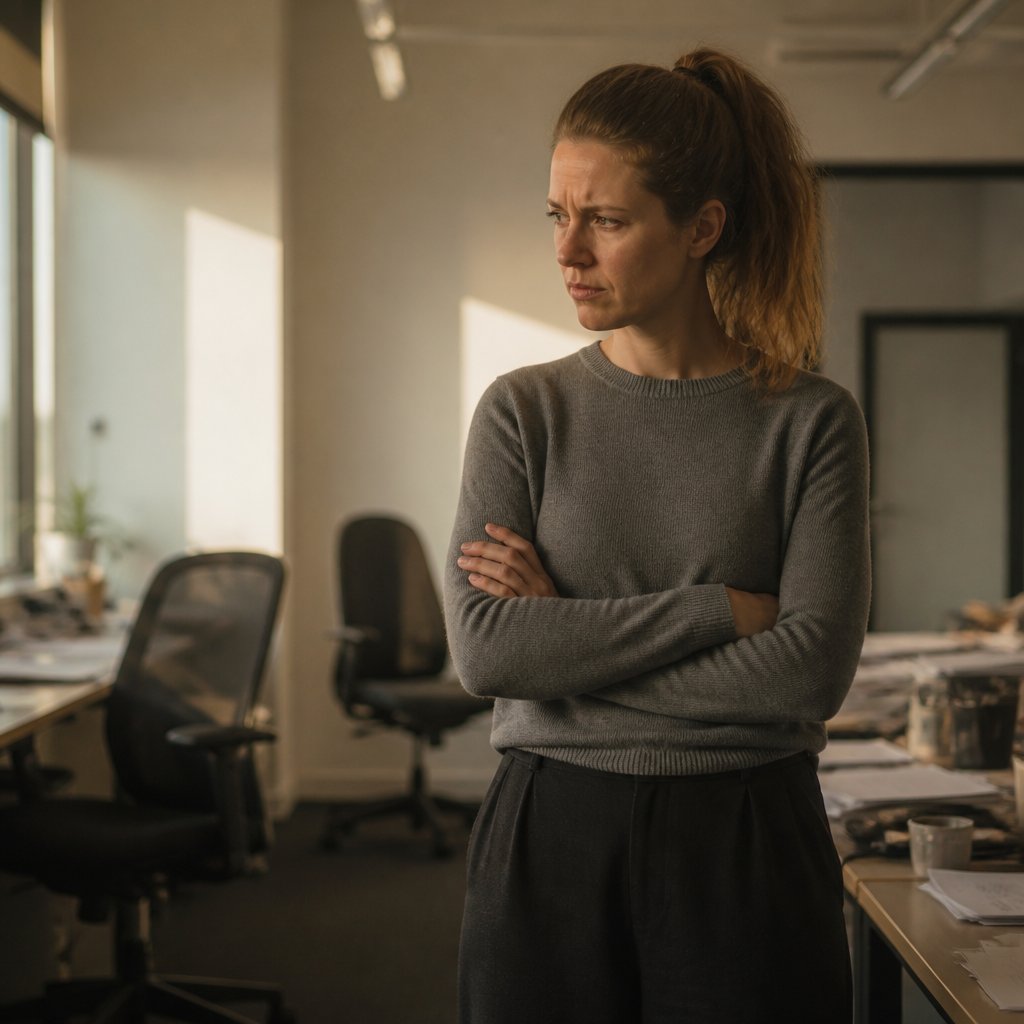 Woman looking puzzled at a missing file on a shared office screen with empty chairs around, showing concern.